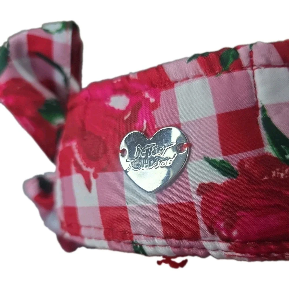 Betsey Johnson Gingham Rose Straw Sun Visor Hat Tie Back Bow Cottagecore Summer
